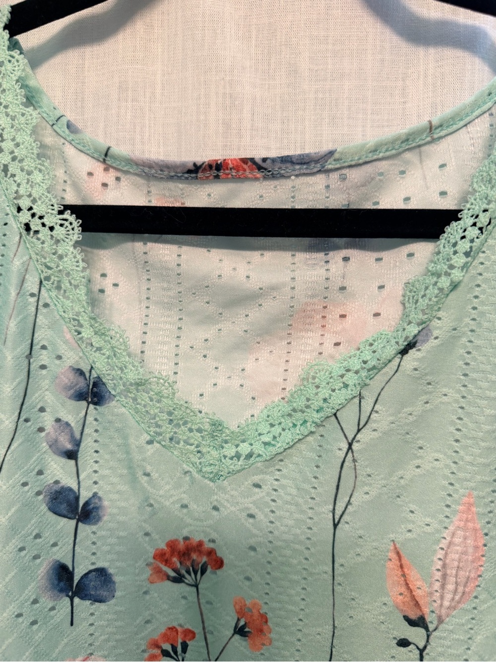 SHEIN Mint Floral V-Neck Crochet-Trim Top - Picture 5 of 14